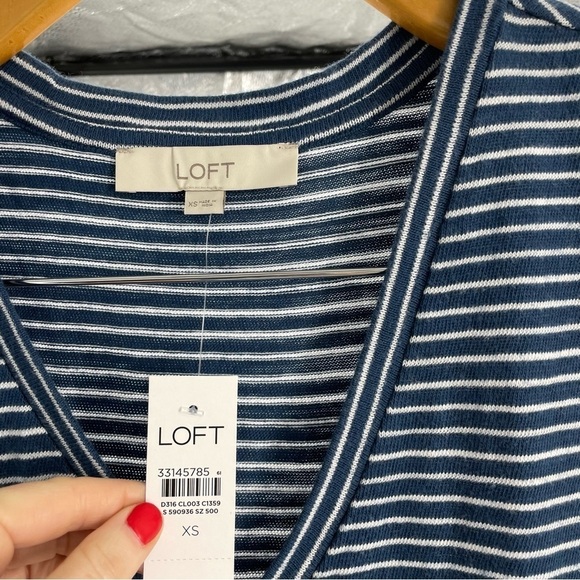 NWT Loft Striped Tie Waist V-Neck Midi Dress - 100% Cotton Blue Neutral - Picture 5 of 12